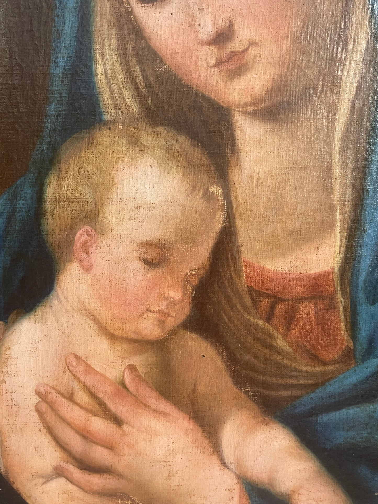 Antico dipinto olio su tela, Madonna con Bambino, XIX secolo