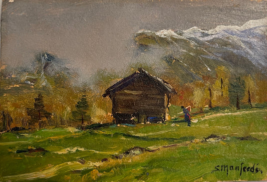 Dipinto olio su tavola, Paesaggio di montagna, Manfredi, XX secolo