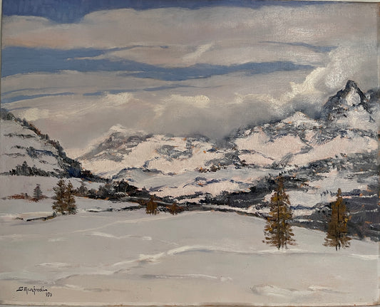 Dipinto olio su tavola, Paesaggio di montagna innevata, Manfredi, XX secolo