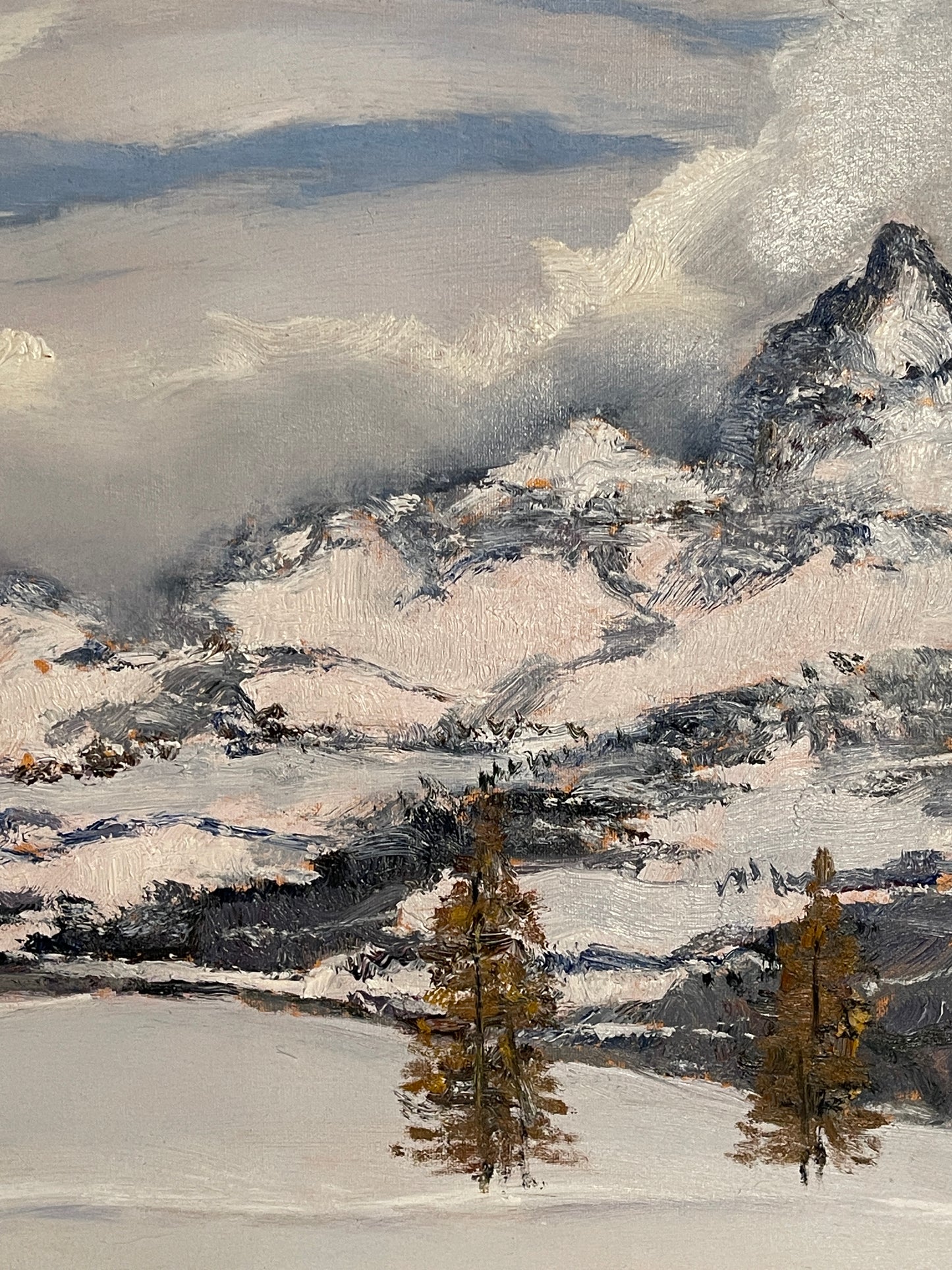 Dipinto olio su tavola, Paesaggio di montagna innevata, Manfredi, XX secolo