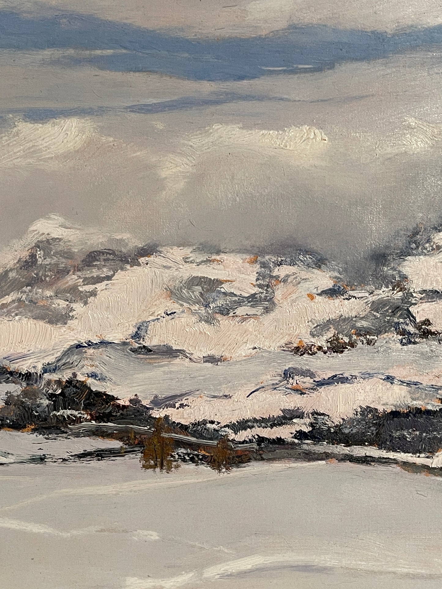 Dipinto olio su tavola, Paesaggio di montagna innevata, Manfredi, XX secolo