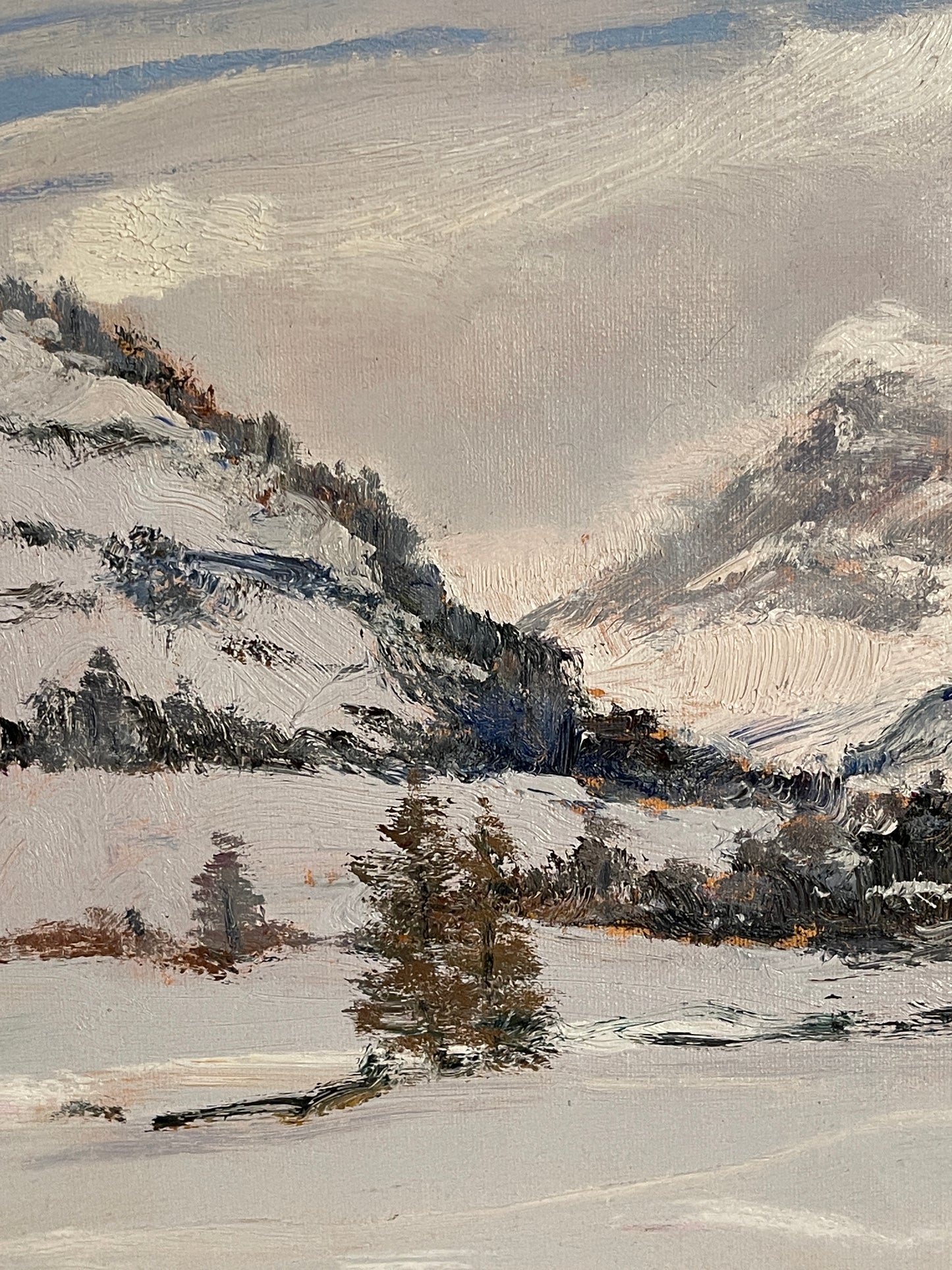 Dipinto olio su tavola, Paesaggio di montagna innevata, Manfredi, XX secolo