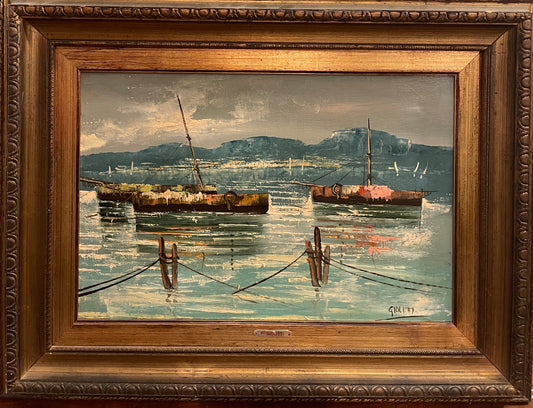 Dipinto olio su tela, marina, barche ormeggiate, XX secolo, Giolitti