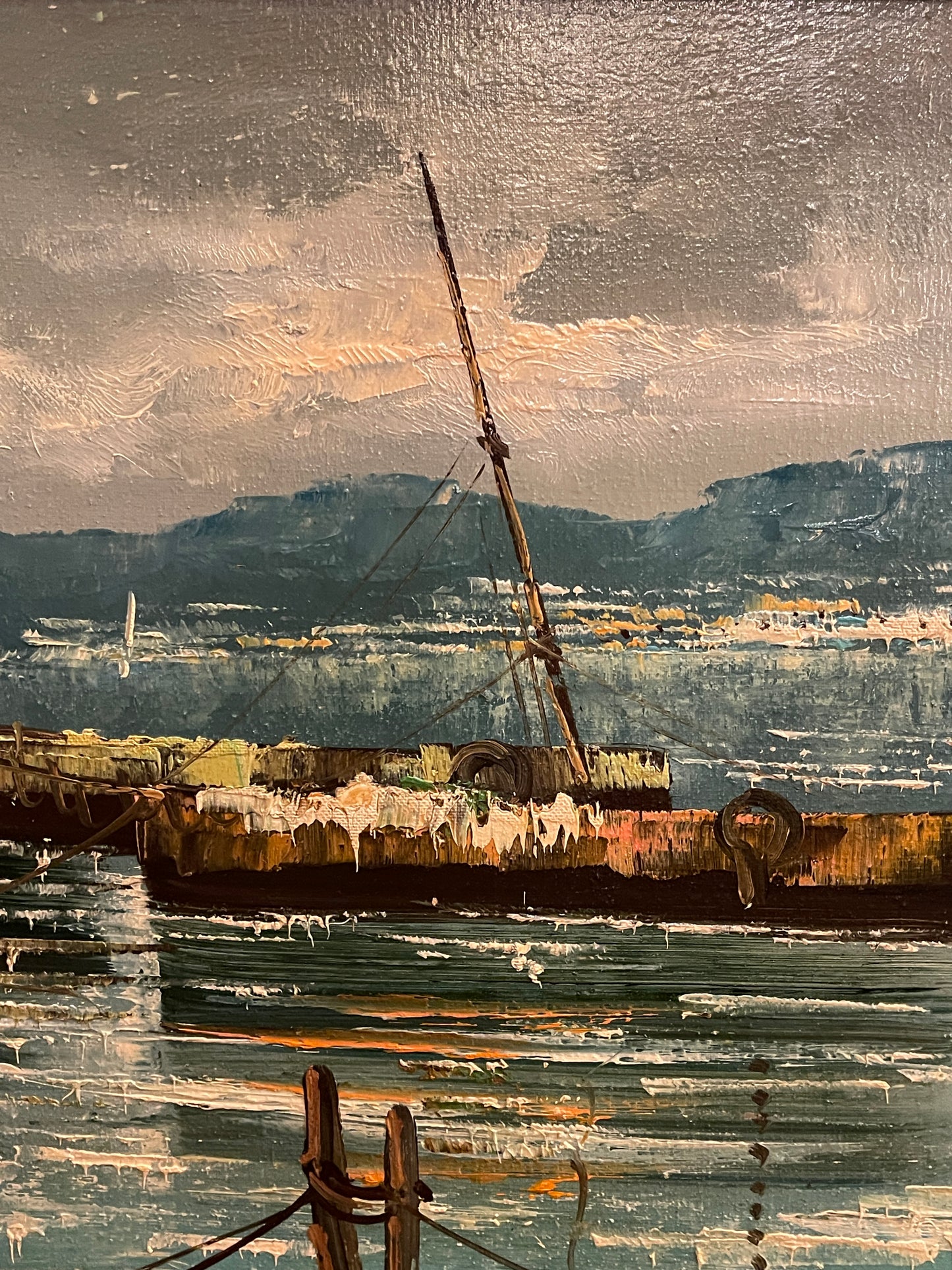 Dipinto olio su tela, marina, barche ormeggiate, XX secolo, Giolitti