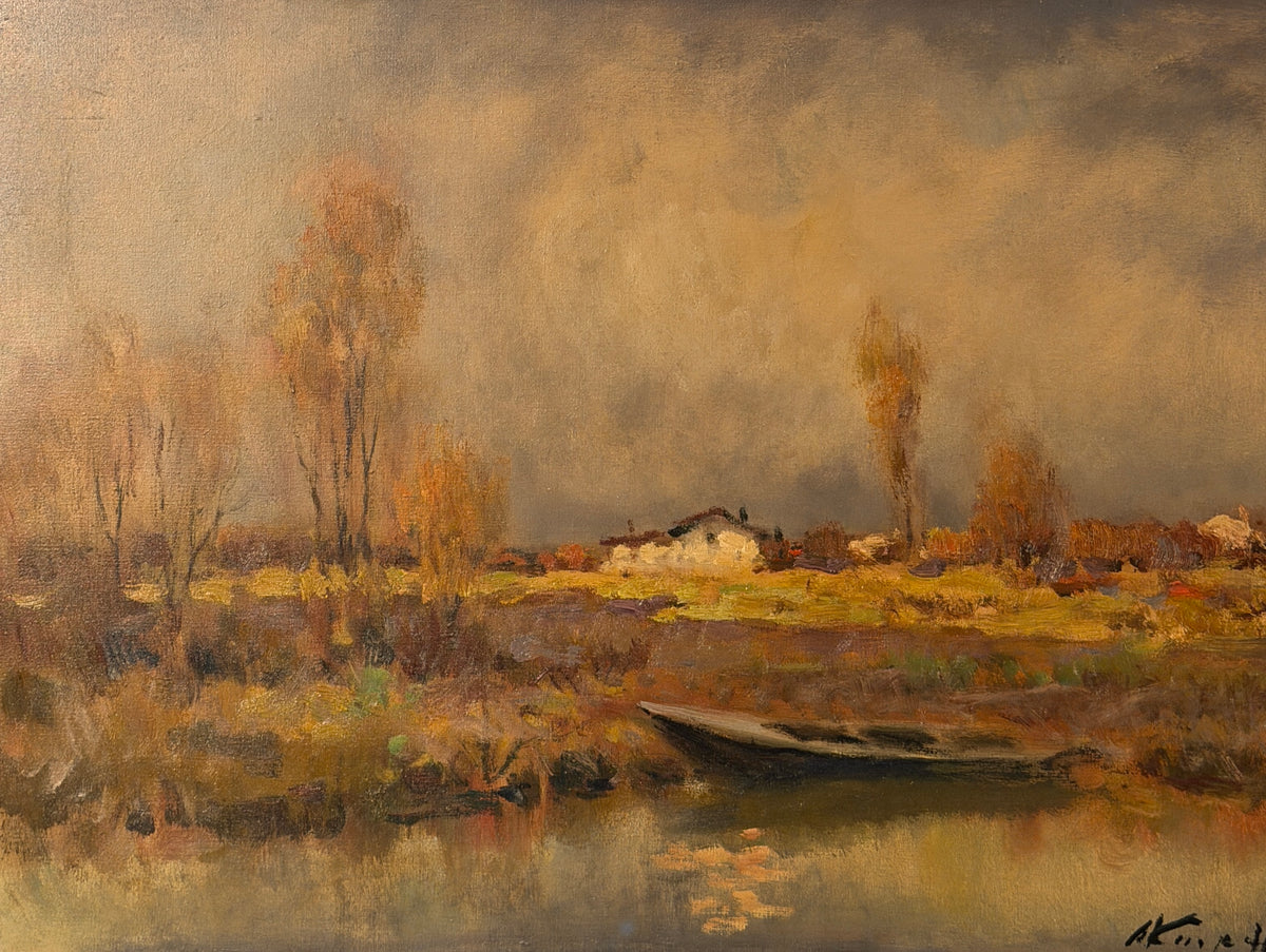Dipinto olio su tela, paesaggio fluviale, XX secolo