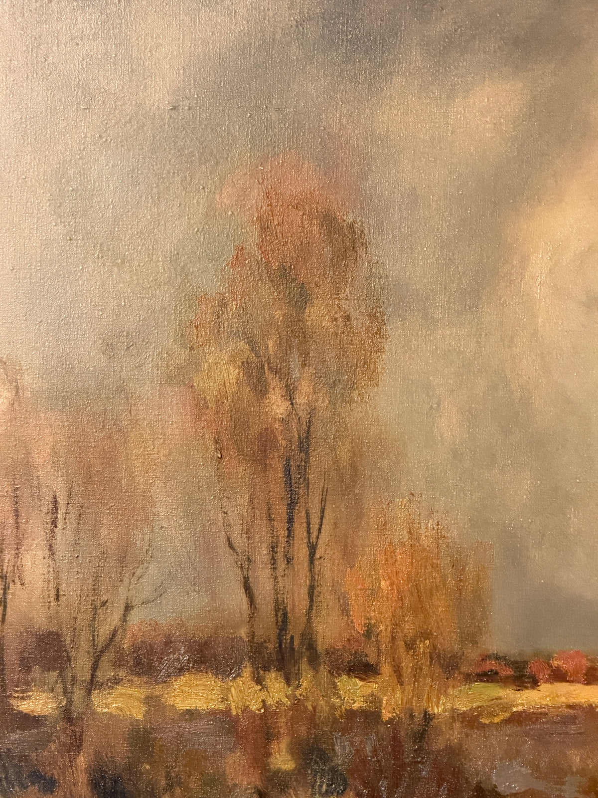 Dipinto olio su tela, paesaggio fluviale, XX secolo