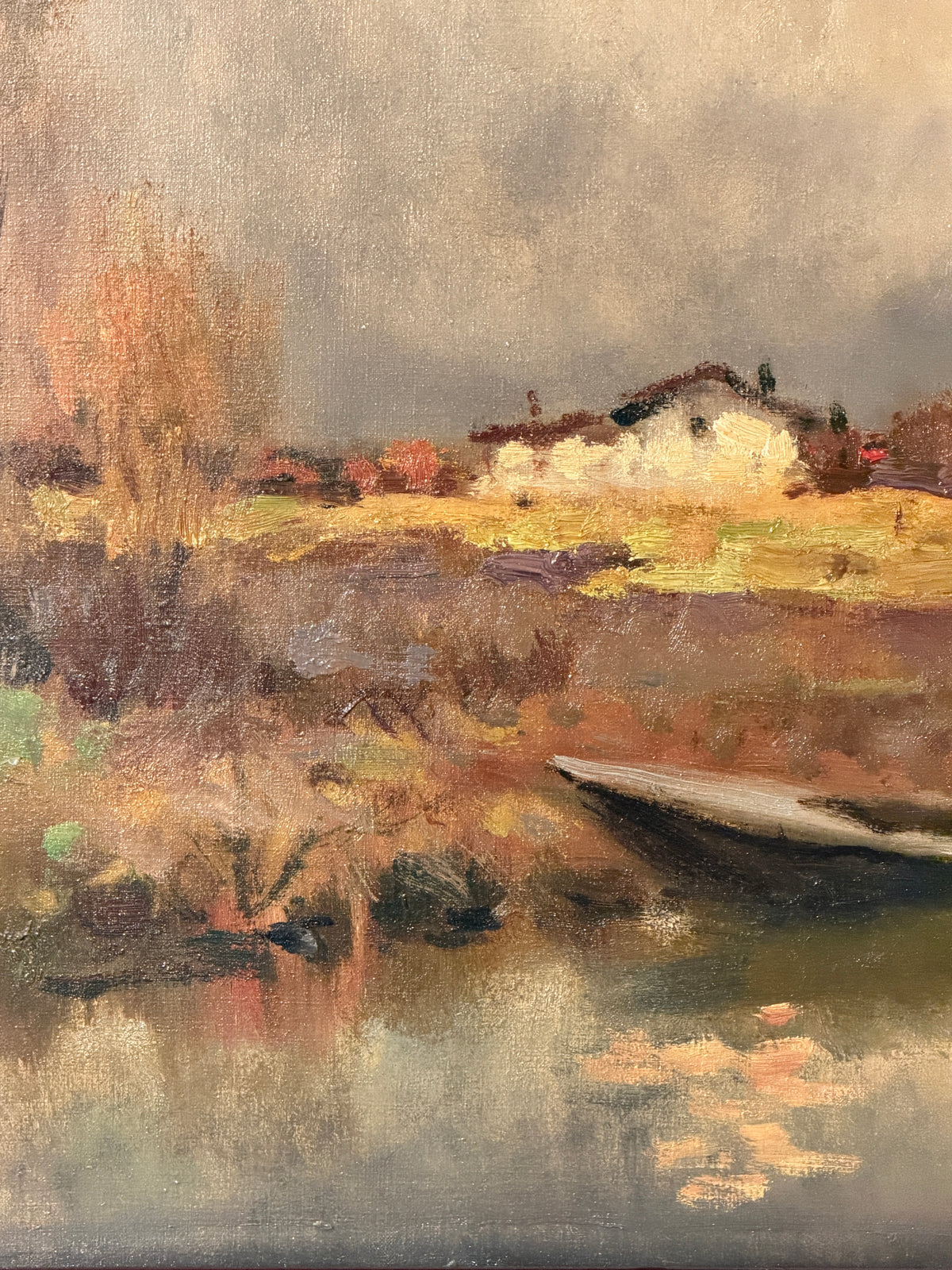 Dipinto olio su tela, paesaggio fluviale, XX secolo