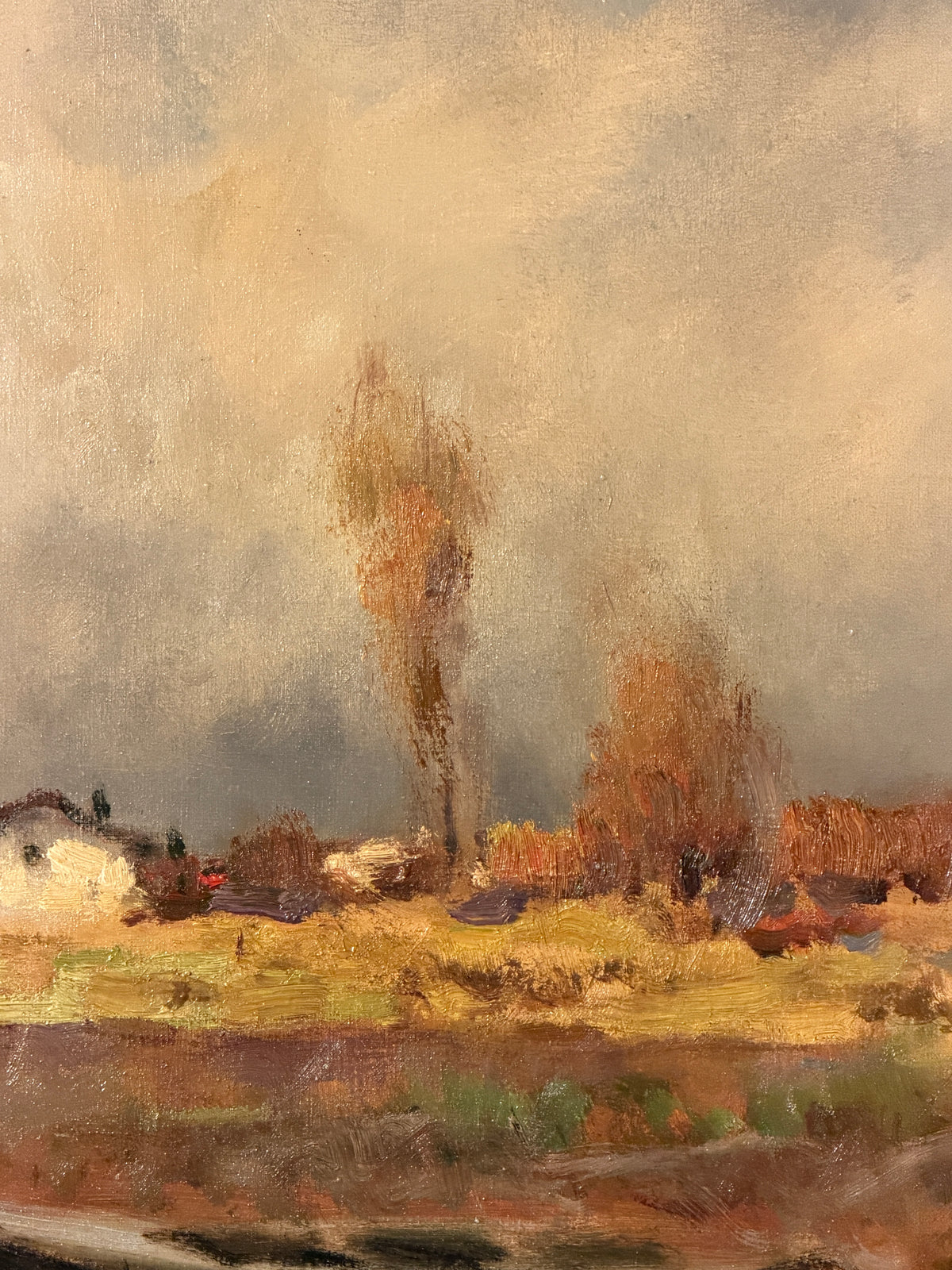 Dipinto olio su tela, paesaggio fluviale, XX secolo