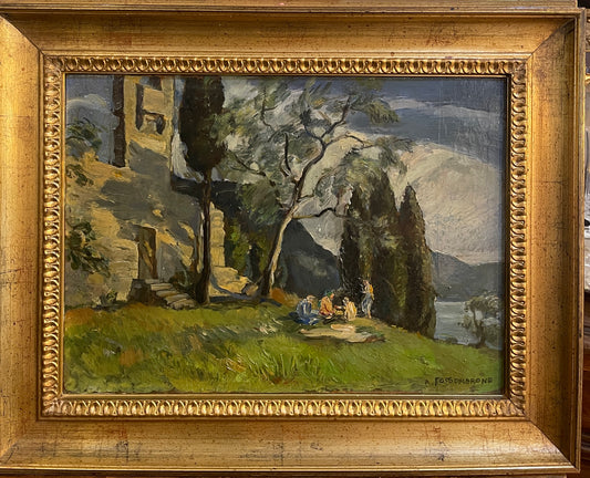 Dipinto olio su tavola, paesaggio con figure, XX secolo, Fossombrone