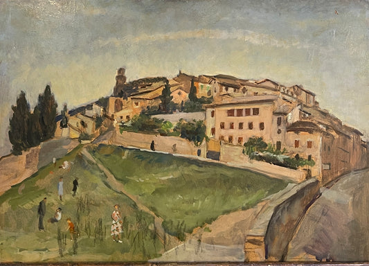 Dipinto olio su tavola, paesaggio, paese arroccato, XX secolo