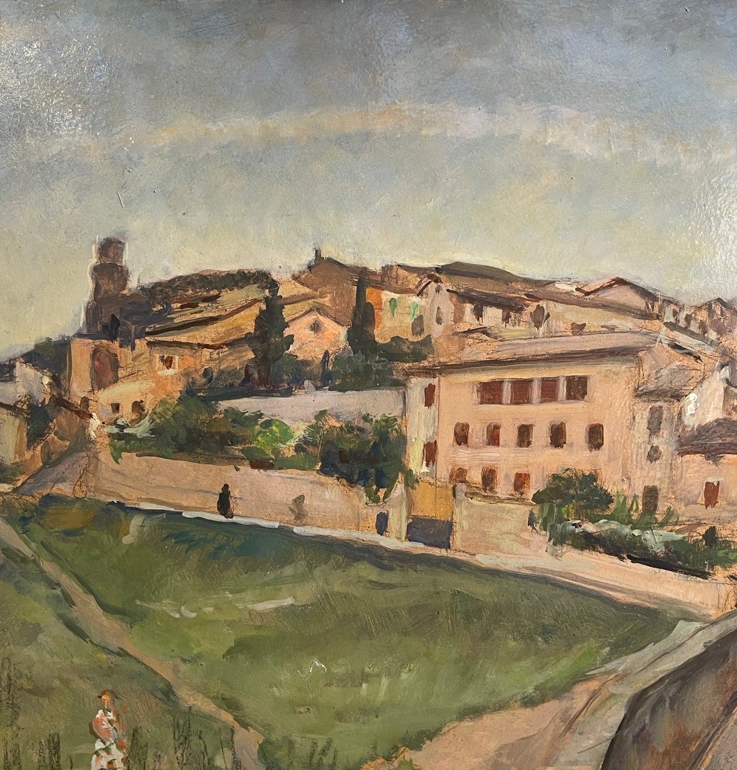 Dipinto olio su tavola, paesaggio, paese arroccato, XX secolo