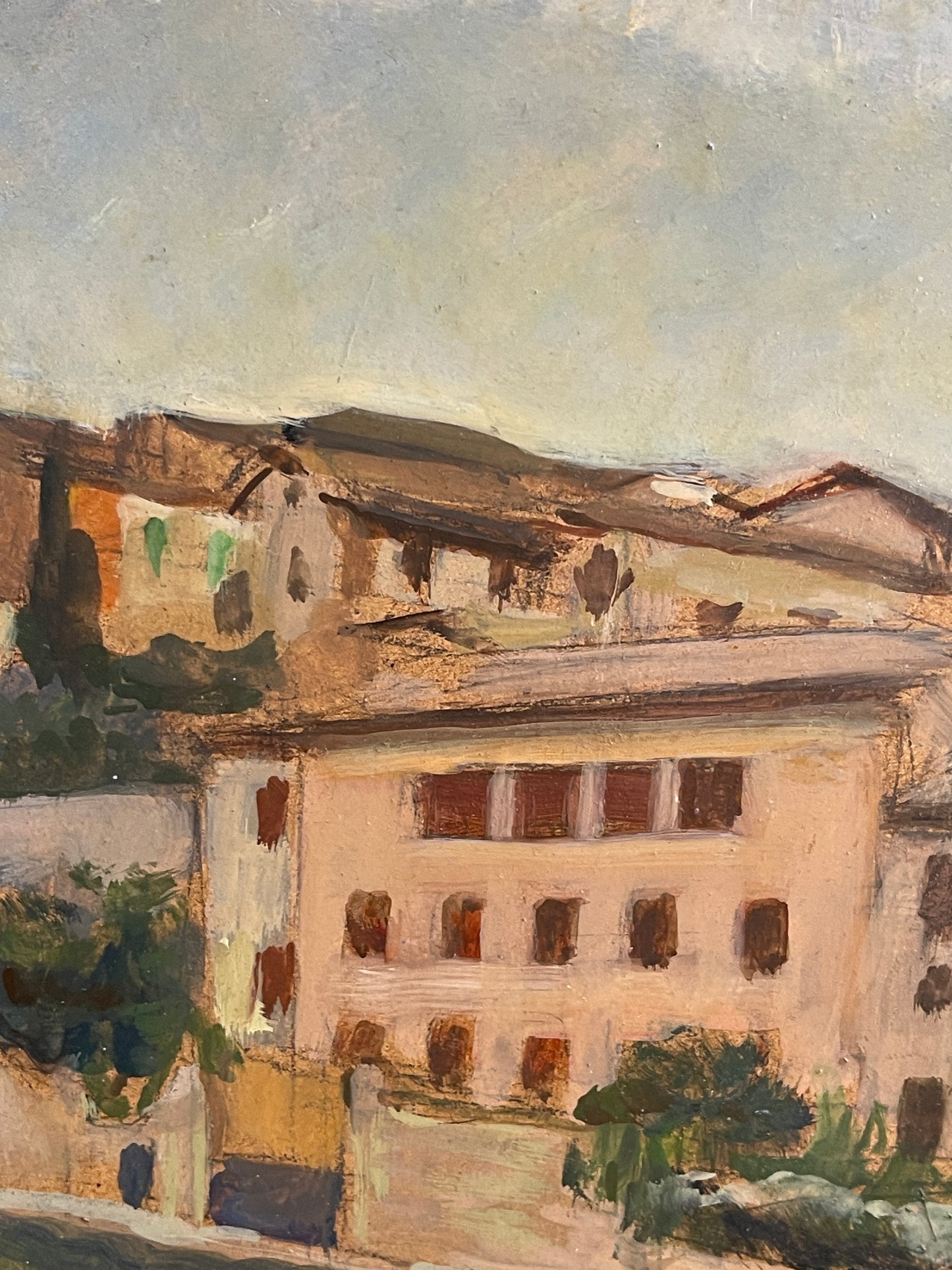 Dipinto olio su tavola, paesaggio, paese arroccato, XX secolo
