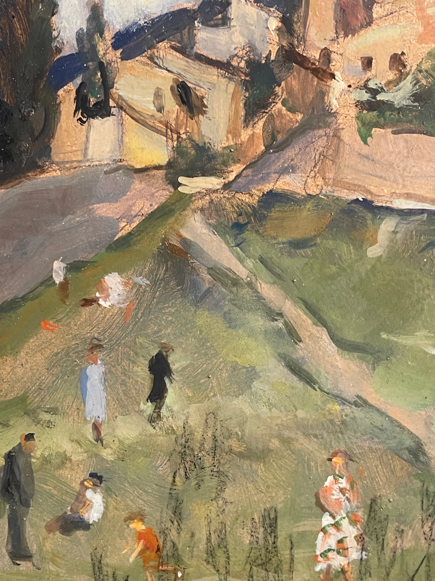 Dipinto olio su tavola, paesaggio, paese arroccato, XX secolo