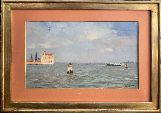 Dipinto olio su tavola, paesaggio, Venezia, Attilio Melo, 1980