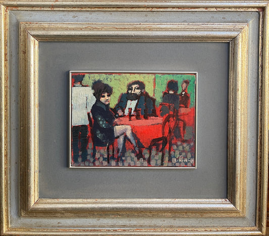 Dipinto olio su tavola, figure in un bar, Liberatore, XX secolo