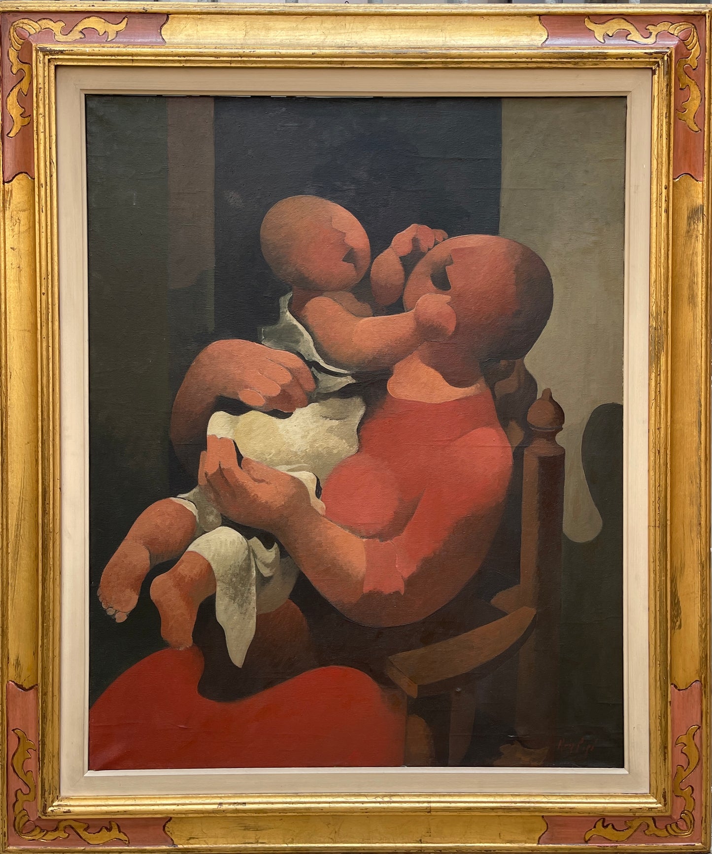 Dipinto a olio su tela, mamma con bambino, XX secolo, Manolo Ruiz Pipo