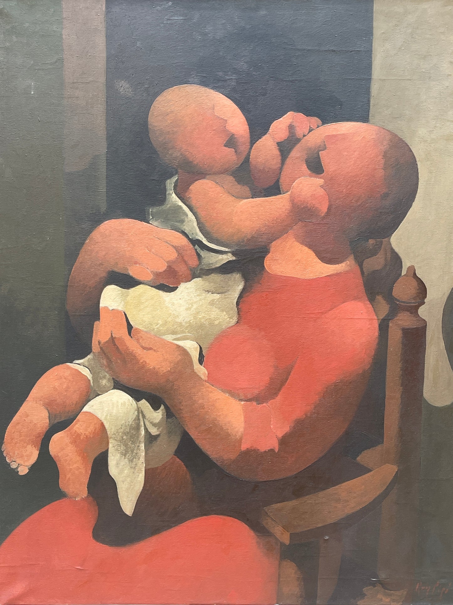 Dipinto a olio su tela, mamma con bambino, XX secolo, Manolo Ruiz Pipo