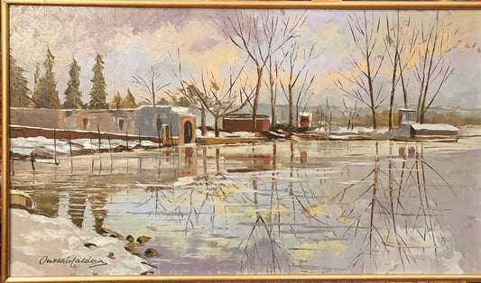 Dipinto olio su tavola raffiugurante nevicata, titolo “Lago di Monate”, epoca XX secolo, firmato Onorato Caldera, misure 69x40 cm