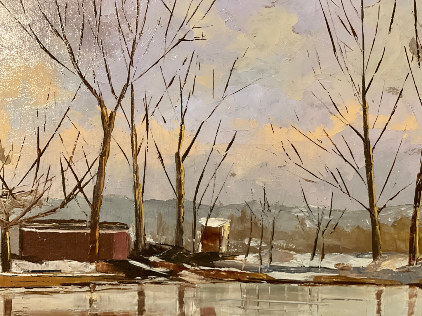 Dipinto olio su tavola raffiugurante nevicata, titolo “Lago di Monate”, epoca XX secolo, firmato Onorato Caldera, misure 69x40 cm