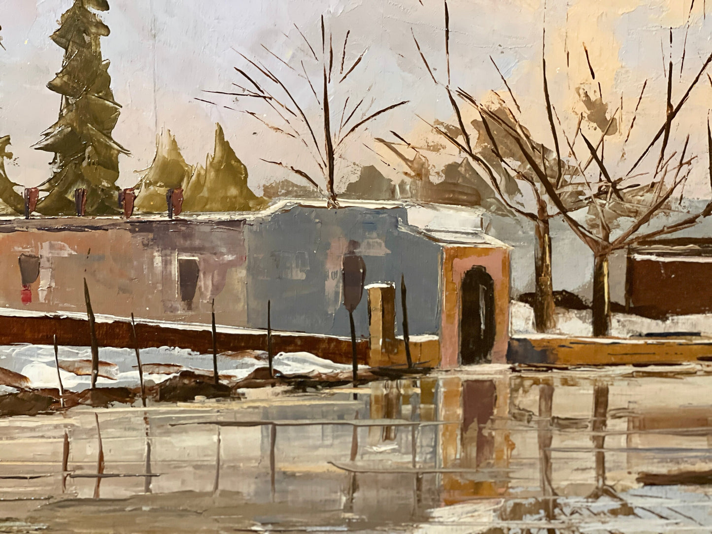 Dipinto olio su tavola raffiugurante nevicata, titolo “Lago di Monate”, epoca XX secolo, firmato Onorato Caldera, misure 69x40 cm