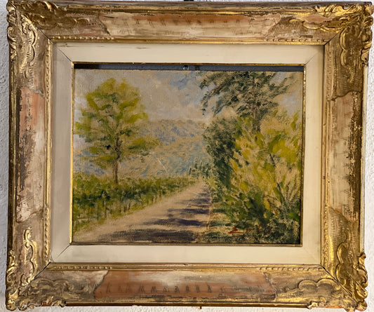 Dipinto olio su tavola (faesite), stile chiarista, firma illeggibile, epoca 1900, misure 38x29 cm, cornice d’epoca, da restaurare