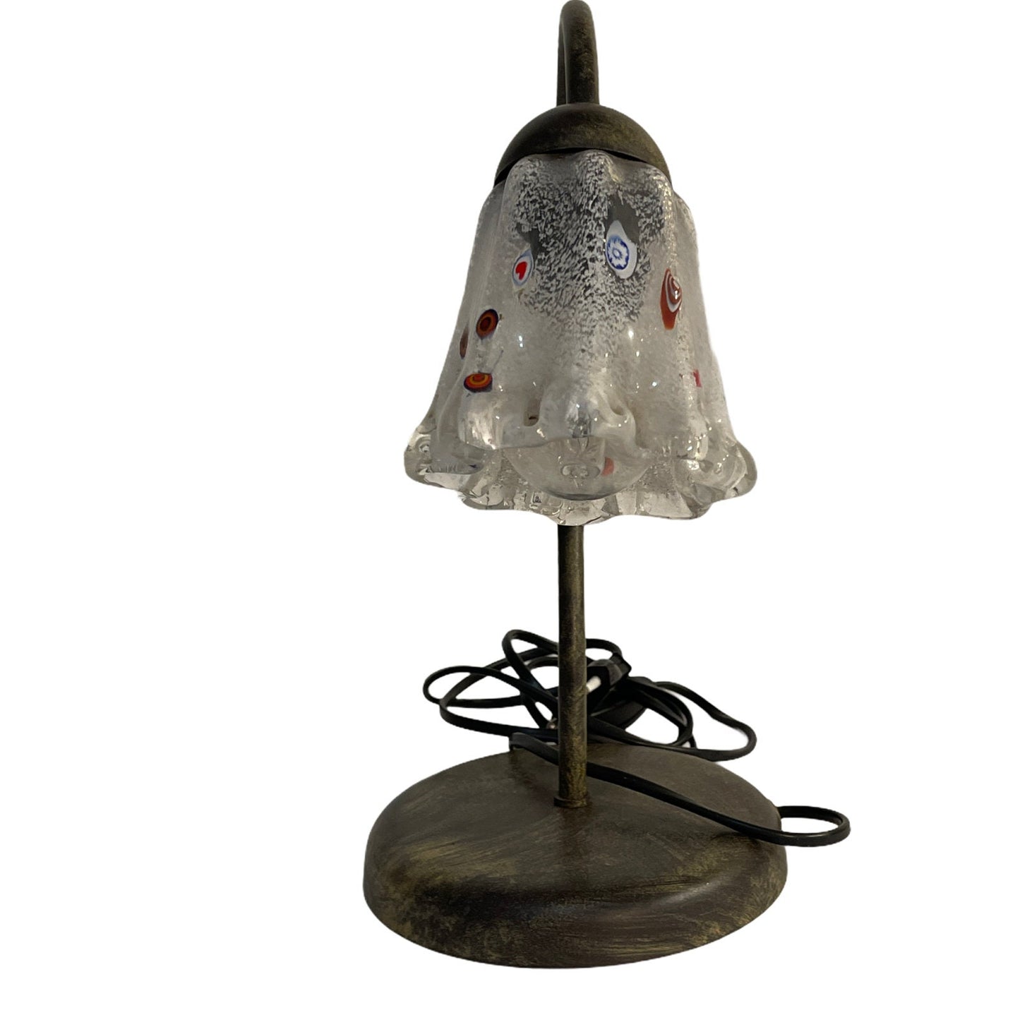 Abat jour vintage, base in ferro, cappello in vetro, a fiore, cone murrine, altezza 30 cm, diametro base 15 cm