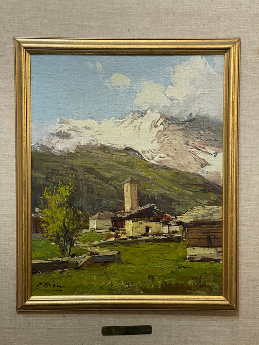 Dipinto olio su tavola, paesaggio di montagna. E. Risini