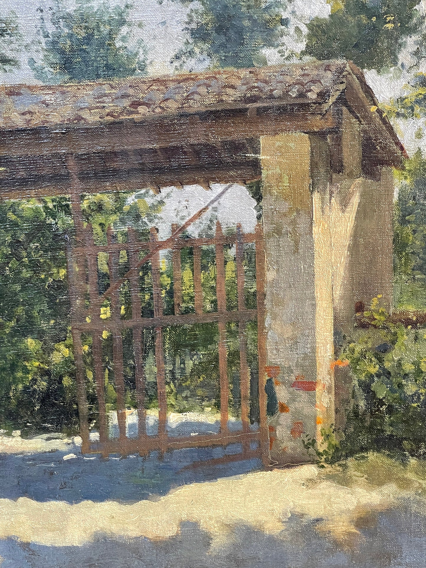 Dipinto olio su tela, inizio XX secolo, Cancello di campagna