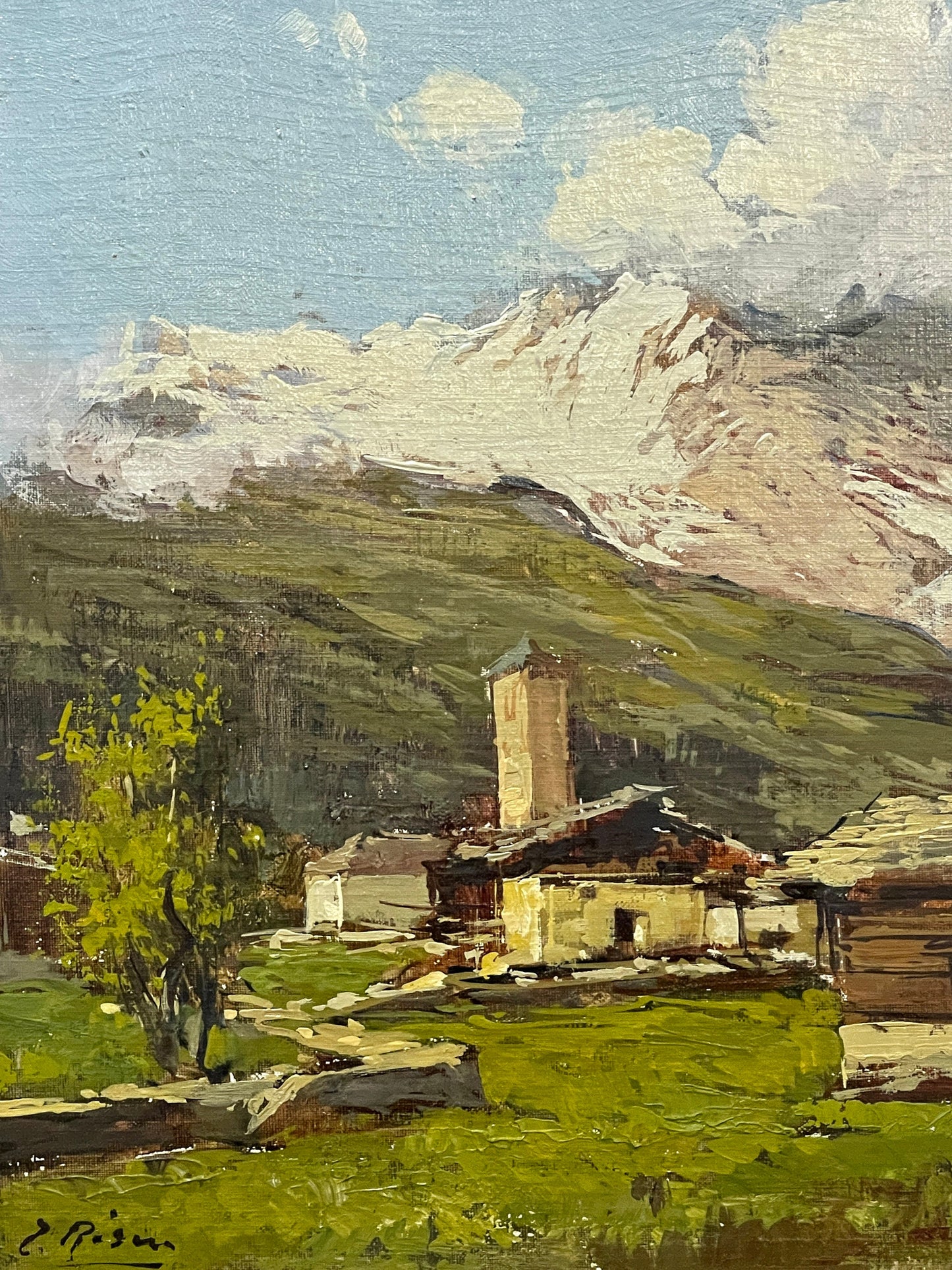 Dipinto olio su tavola, paesaggio di montagna. E. Risini