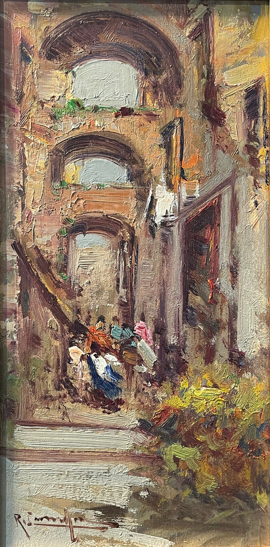 Dipinto olio su tela, XX secolo, paesaggio, Borgo di Napoli